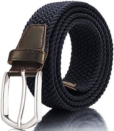 RANCHEZZ Men's Stretch Braided Belts, Woven Elastic Belt with Black/Silver Metal Buckle and Leather Tipped End