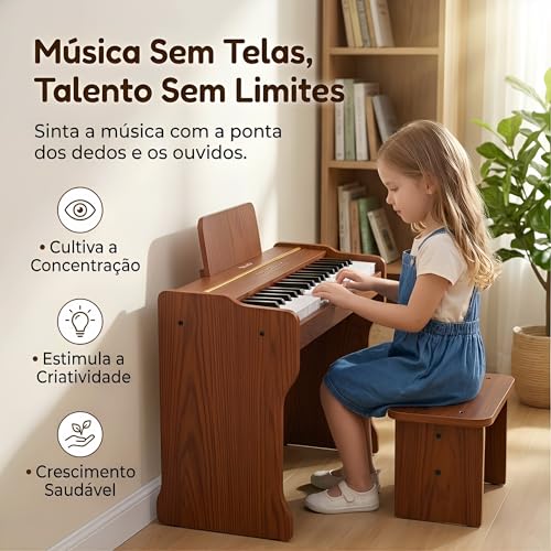 VEDO Piano Digital Infantil 37 Teclas, 128 Timbres, 128 Ritmos, 23 MúSicas De DemonstraçãO, Instrumento Musical Educativo, Madeira De Carvalho, Adequado Para Meninos E Meninas A Partir De 3 Anos