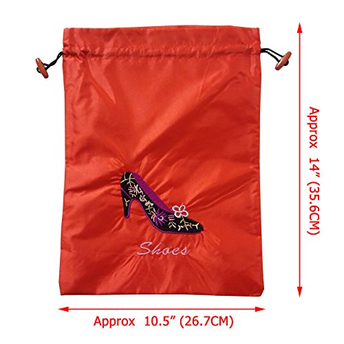 Gold Fortune 4 Packs 10.5" x 14" (L x W) Embroidered Silk Jacquard Travel Lingerie and Shoes Bags with Drawstring Closure (Red)