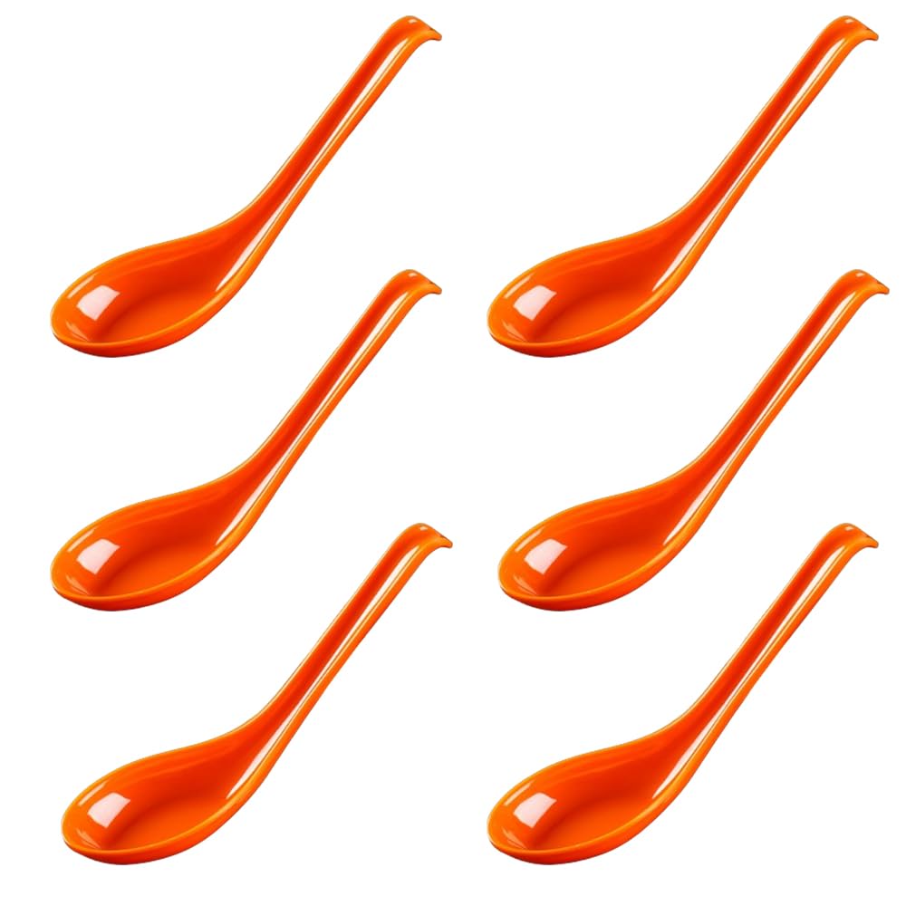 Rice Spoons Ramen Noodle Soup Ladle Red Soup Spoons Serving Spoons Chinese Won Ton Soup Spoon Asian Plain Style Soup Spoons (6, Orange)