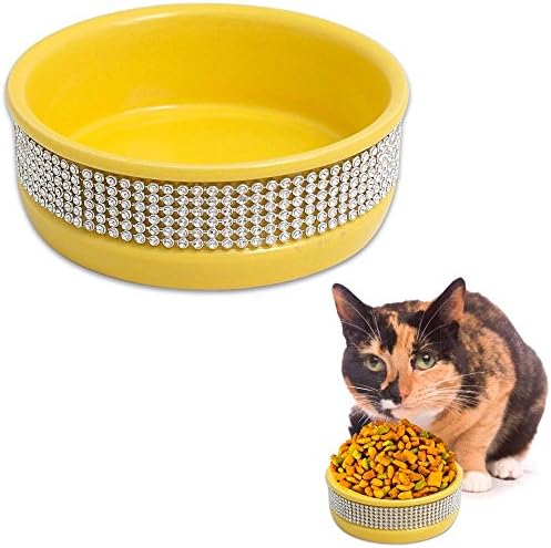 Cat Dog Pet Bowl 4.5" Yellow Cute Paws Diamond Stone Dish Food Ceramic Water New