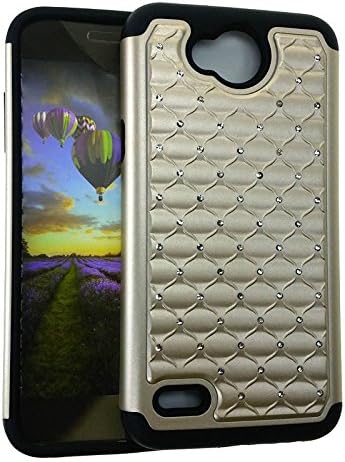 LG Xpower 2 Case, (Hybrid E01 2 in 1 Case) Quilted Rhinestone Gold Snap Black Skin