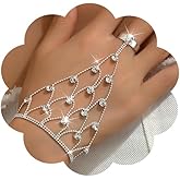 JWICOS Silver Sparkly Rhinestone Finger Ring Bracelet for Women Bridal Slave Chain Link Hand Accessories Jewelry for Bride and Women (Style 15)