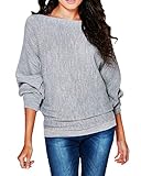 StyleDome Women's Batwing Long Sleeve Ribbed Boat Neck Blouse Shirts Casual Jumper Pullover