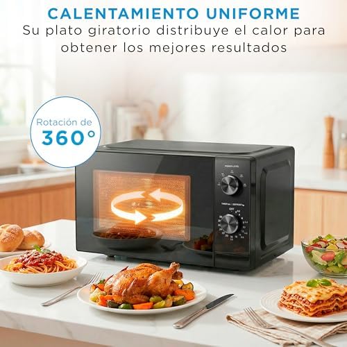 Microondas 20 litros y 700 W de potencia | Microwave | Horno Microondas Negro de Sobremesa con Plato Giratorio, Función Descongelación, 5 Niveles de Potencia, Temporizador | Microondas sin grill