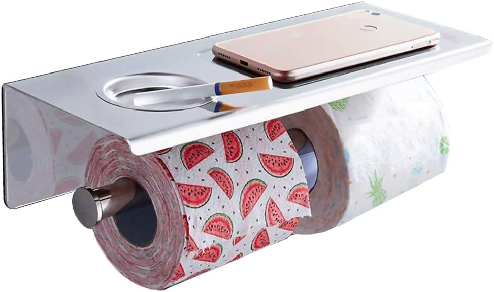Homovater Stainless Steel 3M Self Adhesive/Drilling Chrome Toilet Roll Holder Double Wall Mounted Bathroom Kitchen Tissue Holder Anti-Rust with Mobile Phone Storage Shelf, Pattern 3