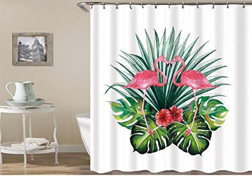 Water Color Fabric Shower Curtains,Tropical Landscape,Banana Leaf Flamingo- 72" x 72"-Machine Washable - White Green Pink