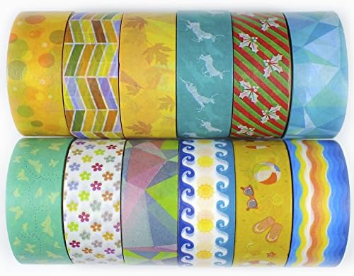 Seasonal Washi Masking Tape Set of 12 rolls - Decorative Colorful Tapes with Cute Designs and Patterns for DIY and Arts, Gift Wrapping, Bullet Journal Stickers, Scrapbooking, Cards and Planner