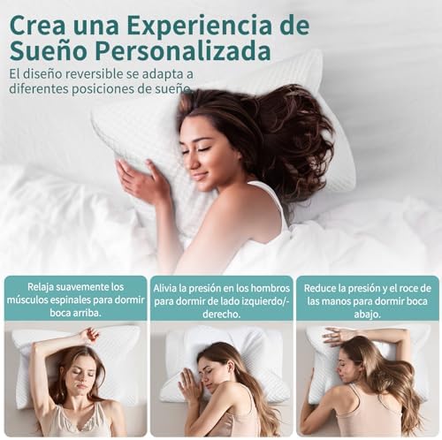 Almofada cervical e cervical, almofada cervical de espuma viscoelástica, almofadas anti-ronco para dormir de lado, costas e abdómen, 60x36x11/13cm, branca
