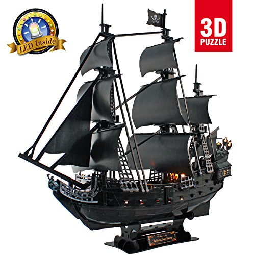 CubicFun L520h Queen Anne's Revenge Pirate Ship Model Kit (with LEDs) 3d Puzzle, Large 340 Pcs