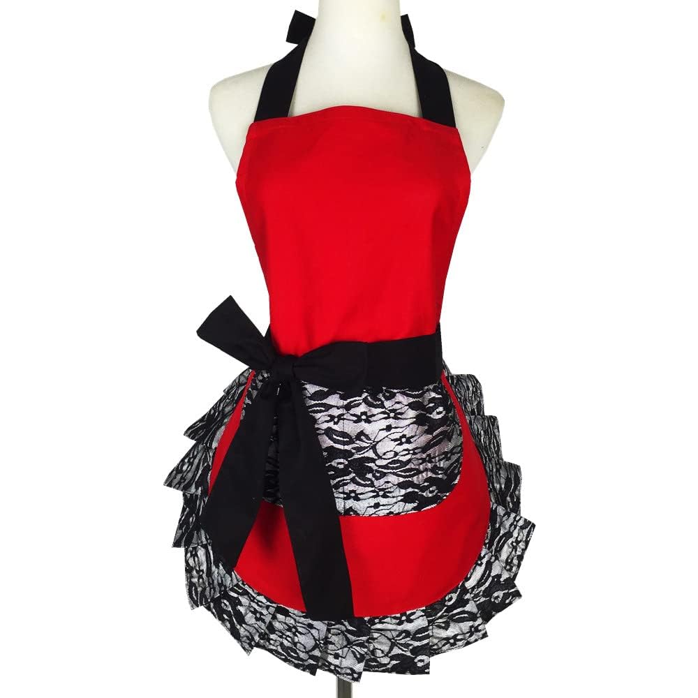 Violet Mist Lovely Retro Kitchen Aprons Women Girl Red Black Lace Apron Ladies Cute Lacy Vintage Aprons for Christmas Halloween 1950s French Maid Cooking Apron Adjustable Waist