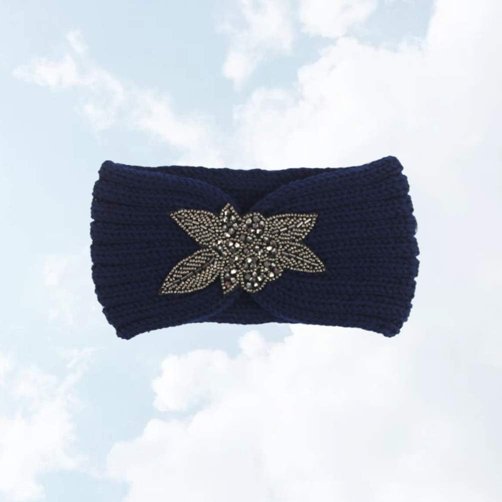 minkissy Headband Crochet Turban Headband Woolen Yarn Knitted Headwrap Hair Band Elastic Winter Ear Warm Protector With Flower For Girls Women (Navy) Hair Headbands - Image 3