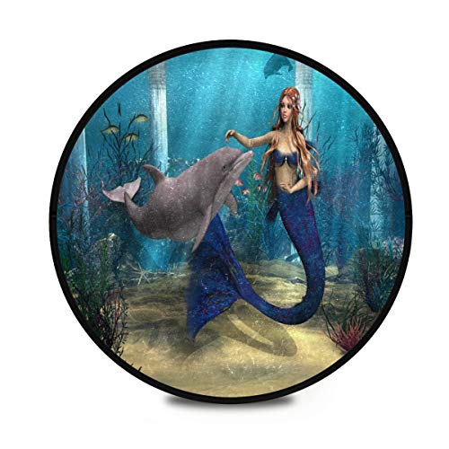 ALAZA 3D Mermaid Dolphin Ocean Round Area Rug Non Slip Rug Floor Mat Carpet Entryway Hallway Sofa Living Room Bedroom Home Decor 3' Diam