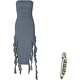 Yazinie Tube Dress Ruffle Double Split Maxi Dresses Strapless Bodycon Dress for Women