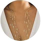 Simple Metal Open Pearl Choker Necklace Long Tassel Crystal Beads Clavicle Chain Necklace Summer Statement Crystal Collar Necklace Pearl Chest Body Jewelry for Women