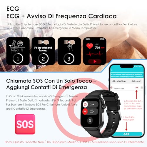 2026 Nuovo Smartwatch Uomo Donna ECG/Pressione Sanguigna/Acido Urico/Sonno/Cardiofrequenzimetro/Temperatura Corporea/BMI/Emozioni/Fatica,1,96"Orologio Salute con Telefono/Pulsante SOS,iOS Android