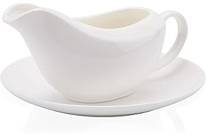 Yesland Gravy Sauce Boat with Saucer Stand -13.5 Oz Fine White Ceramic Gravy Boat for Dining, Holiday Meals & Parties