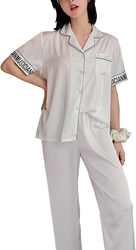 Amazon Co Jp レディルームウェアパジャマ アイスシルクのパジャマの女性の夏の薄い半袖パンツかわいいホームカジュアルシャツパジャマ なめらか フィット 快適な 色 白 Size M ホーム キッチン