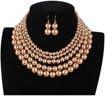 Thkmeet Women Elegant 5 Layer Pearl Bead Cluster Collar Choker Necklace and Earrings Set