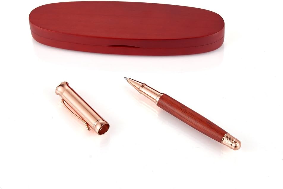 Artinova Wooden Red Pencil Case Pencil Box with Wooden Rose Gold Gel Pen Black Ink Handcrafted Made of Maple and Rosewood ARTA-0003
