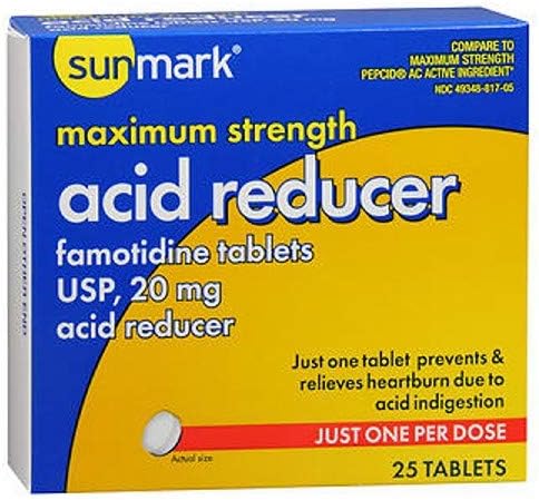 sunmark Acid Reducer, Famotidine Tablets, Relieves Heartburn from Acid Indigestion, 20 mg, 1 Box, 25 per Box