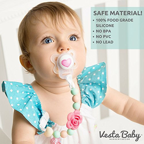 Vesta Baby Pacifier Clips with Silicone Teething Beads for Girls, 2 MAM Pacifier Clip Adapters, Soothie Pacifier Holder & Baby Teether Holder, Universal Binky Clips are Best Baby Girl Gifts, Set of 2