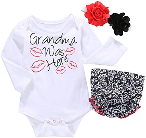 Infant Baby Girls Grandma Was Here Letter Print Romper Jumpsuit+Ruffles Shorts Pants +Flower Headband Sets (0-6M)