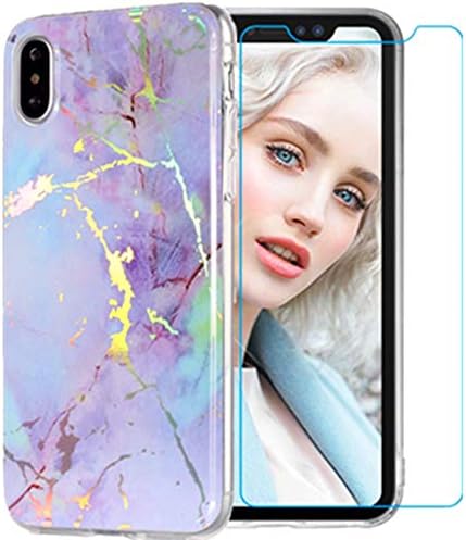Folice iPhone XR Case, IMD Slim-Fit Ultra-Thin Marble Design [Tempered Glass Screen Protector] Anti-Scratch Shock Proof Dust Proof Color Plating TPU Case for Apple iPhone XR 6.1" (Pink Purple)