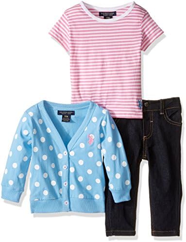 U.S. Polo Assn. Baby Girls' Polka Dot Cardigan Sweater Striped T-Shirt and Skinny Jean, Periwinkle, 18M