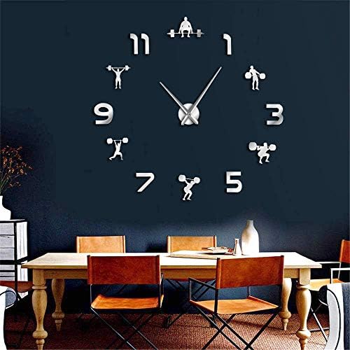 hysxm 27 Inch Weightlifting Fitness Room Wall Decor Diy Giant Wall Clock Mirror Effect Powerlifting Frameless Large Wall Clock Gym Wall Watch,Silver