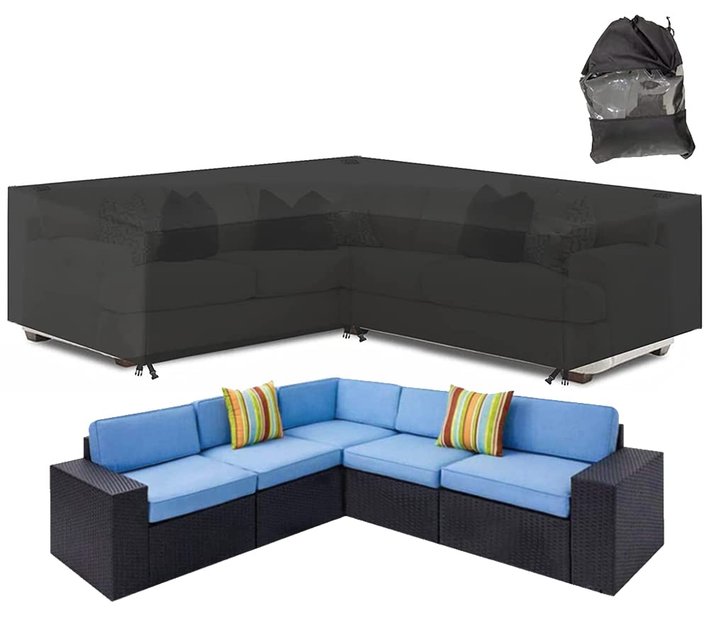 Skyour Patio Furniture Sectional Couch Sofa Cover Weatherproof Heavy Duty 420D Oxford Outdoor L Shaped Sectional Garden Rattan Corner Sofa Furniture Protector Covers Black (V-Shape: 117x117in)