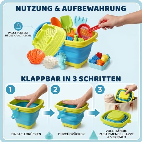 AOJN 21 in 1 Sand Toy, Beach Toy, Children's Sandpit Toy with Foldable Bucket, Innovative Handbags, Sand Shovel, Sand Shapes, Portable and Space-saving for Boys Girls Children
