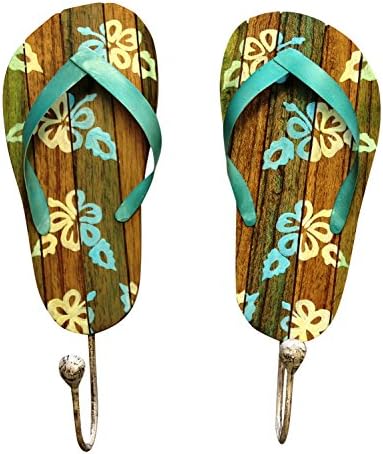 Pair of Wood Carved Flip Flops with Hibiscus Single Wall Hooks 13.25 Inches