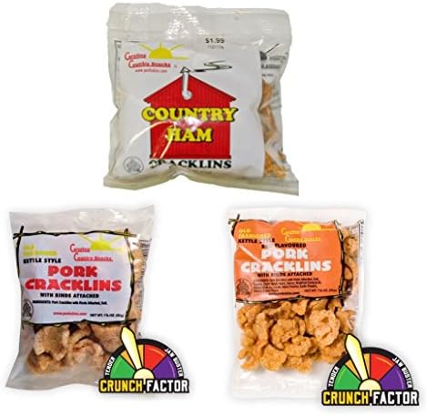 Crunchy Pork Rind Cracklin Sampler 6 Plain 6 BBQ 6 Ham
