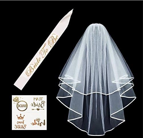 NEW 2017 Bridal Shower Kit, Bachelorette Party Supplies, Bride To Be Decorations Set | Double Layer Satin Sash + Cascading Veil With Comb + 12 Bride Temporary Tattoos + Team Bride Flash Tattoos