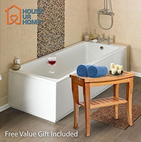 Bamboo Shower Bench Seat Wooden Spa Bath Deluxe Organizer Stool With Storage Shelf For Seating Chair Perfect For Indoor Or Outdoor - Plus Free Value Gift Including -One Year Warranty. By House Ur Home