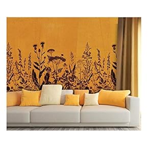 Large Wall Mural - Vintage Style Black Flowers on Orange Background | Self-Adhesive Vinyl Wallpaper/Removable Modern Wall Decor - 66x96 inches