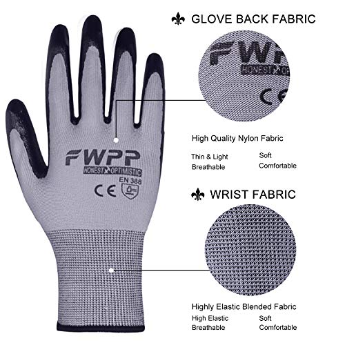 FWPP Black Nitrile Coated Work Gloves,Nylon Breathable Light Weight Garden Gloves for Men and Women,Antistatic Skin Flexible Safety Gloves,Pack of 6Pairs Large