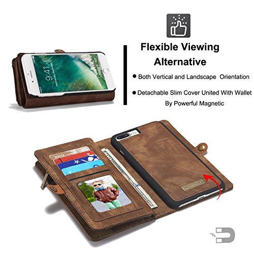 TOPWOOZU iPhone 7Plus Wallet Case, Zipper Wallet Leather Detachable Magnetic Removable Case Purse Clutch Back Flip Credit Card Holder Cover Case for iPhone 7Plus/7Pro 5.5inch