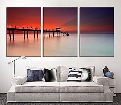 Proud Of Queen Large Canvas Print Sunset and Wood Pier in Sea 3 Panel Seascape Canvas Print Triptych Art Red Sunset Large PaintingPrint