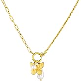 WASAIE Boho Gold Plad Stainless Steel Butterfly Pendant Charms Necklace for Women,Pearls Bead Charms Holiday Chain Jewelry Choker Necklace for Casual