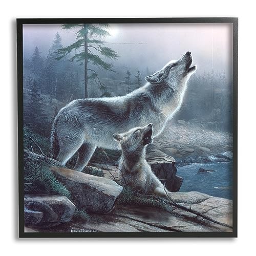Stupell Industries Howling Wolf & Pup Landscape Black Framed Giclee Art Design…