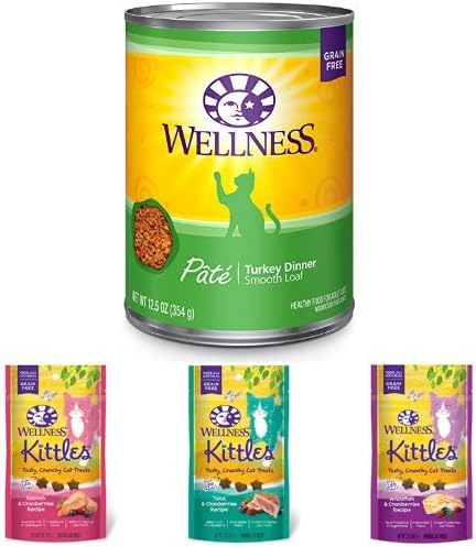 Wellness Natural Grain Free Wet Canned Cat Food, Turkey Pate, 12.5-Ounce Can (Pack Of 12) With Wellness Kittles Crunchy Natural Grain Free Cat Treats, 2-Ounce Bag (3 Bag Variety)