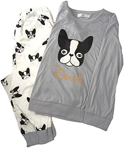 Fashion Culture Women's Boston Terrier Doggie Pajama Lounge Pants & Top Set, Grey (Medium)