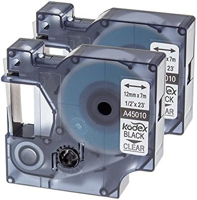 Kodex Standard Label Tape D1 45010 S0720500 Compatible for DYMO Labeler Black on Clear 1/2 Inch x 23 Feet 2 Pack