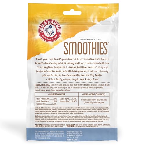 ARM & HAMMER FOR PETS SMOOTHIES DENTAL TREATS FOR DOGS WITH BAKING SODA AND CALCIUM, TREAT CHEWS HELP FIGHT BAD BREATH, PLAQUE & TARTAR, MINT BLUEBERRY & MINT, 8 PCS