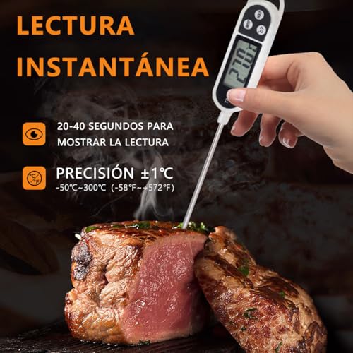 MXHIGO Termómetro Digital de Cocina para Carne, Termómetro de Lectura con Sonda de Acero Inoxidable, Termometro con Pantalla Digital para Parrilla Pollo Masa Almíbar Mermelada Mantequilla Leche Agua