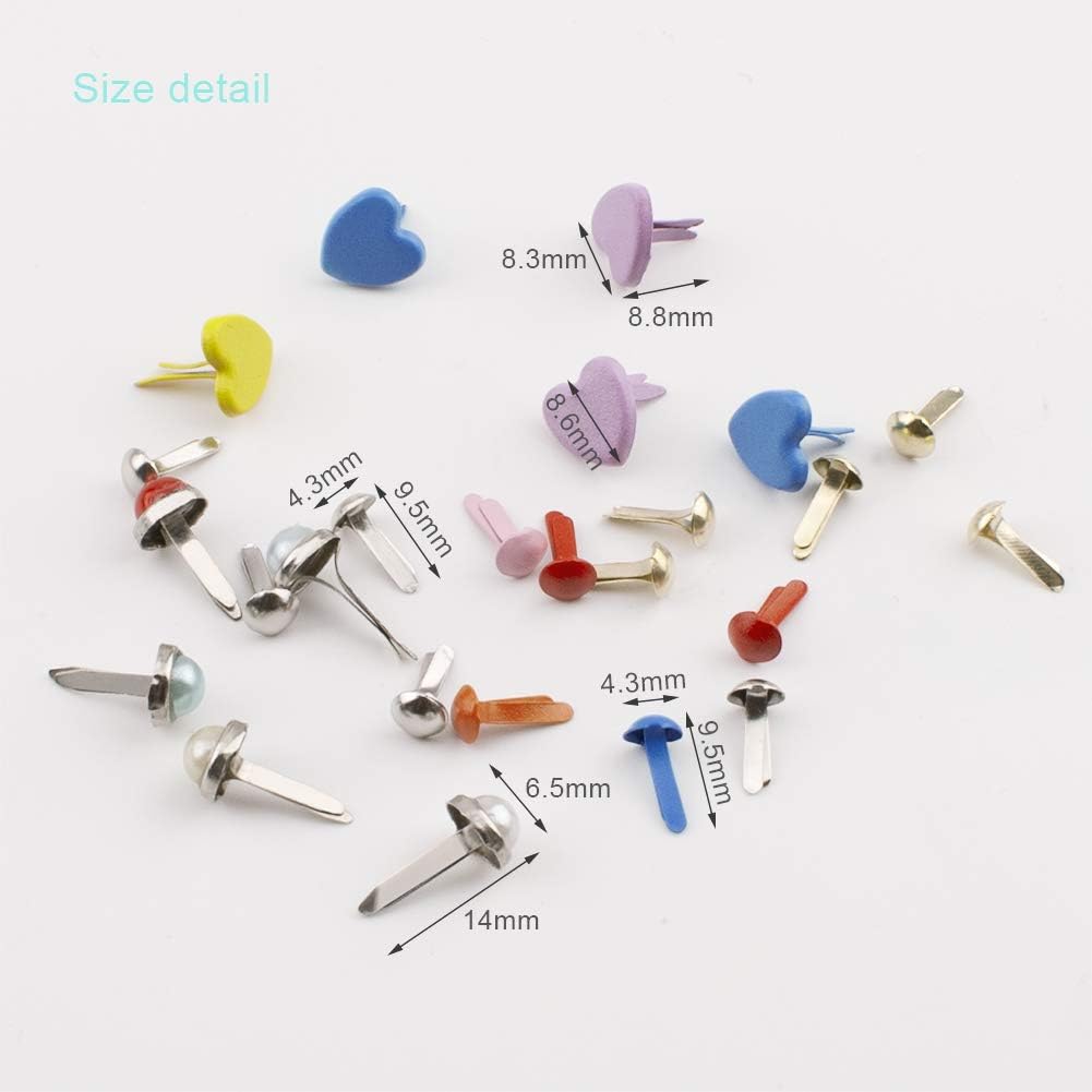 WANDIC Mini Brads 500 Pcs Metal Paper Fastener Pearl Head Brads Heart