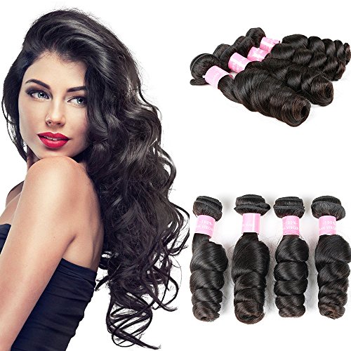 Loose Deep Wave Human Hair Bundles Curly Wave Bundles Unprocessed Brazilian Virgin Hair Extensions 100% Real Human Hair Loose Wave 4 Bundles Remy Virgin Hair Bundles Natural Wavy(22 24 26 28)