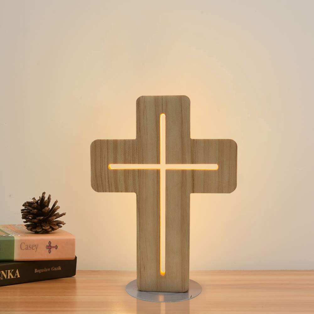 CooPark Cross Shaped Wood Bedside Lamp, 3D LED Optical Night Light,Personalized Room Decor Best Birthday Christian Retirement Gifts for Women Friend